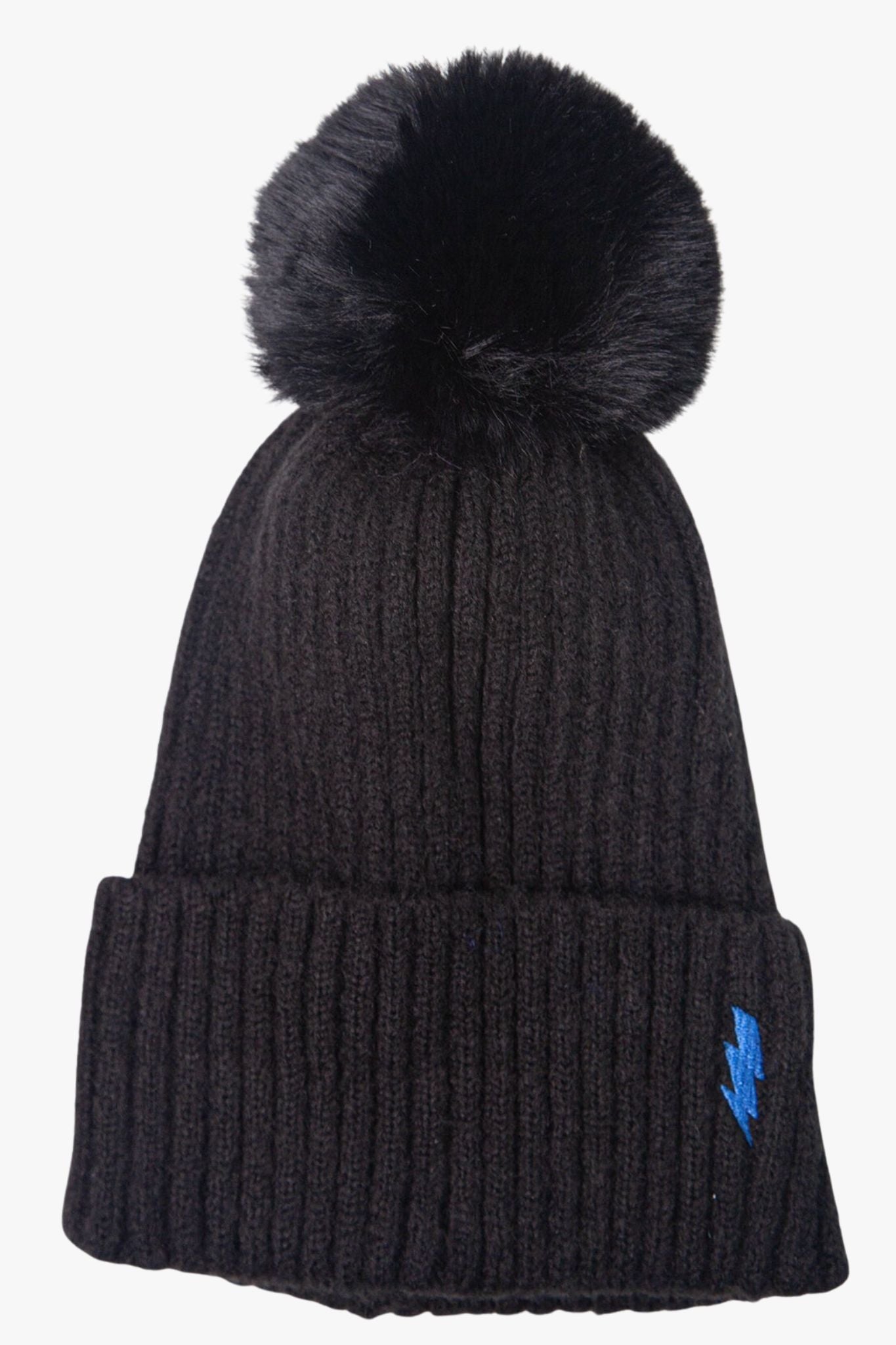 black winter beanie hat with pom pom and blue embroidered lightning bolt
