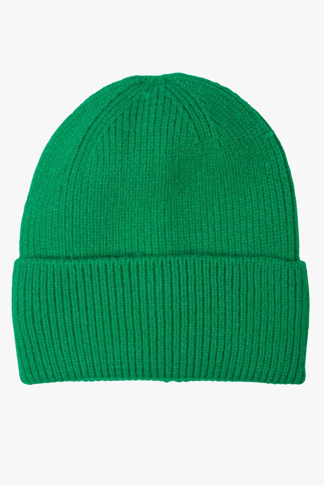 a plain green ribbed knitted beanie hat
