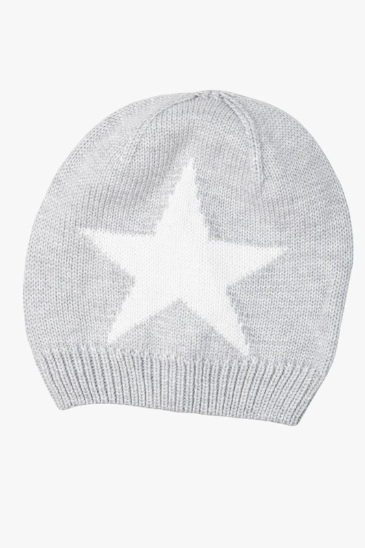 light grey beanie hat with a large white star on the front