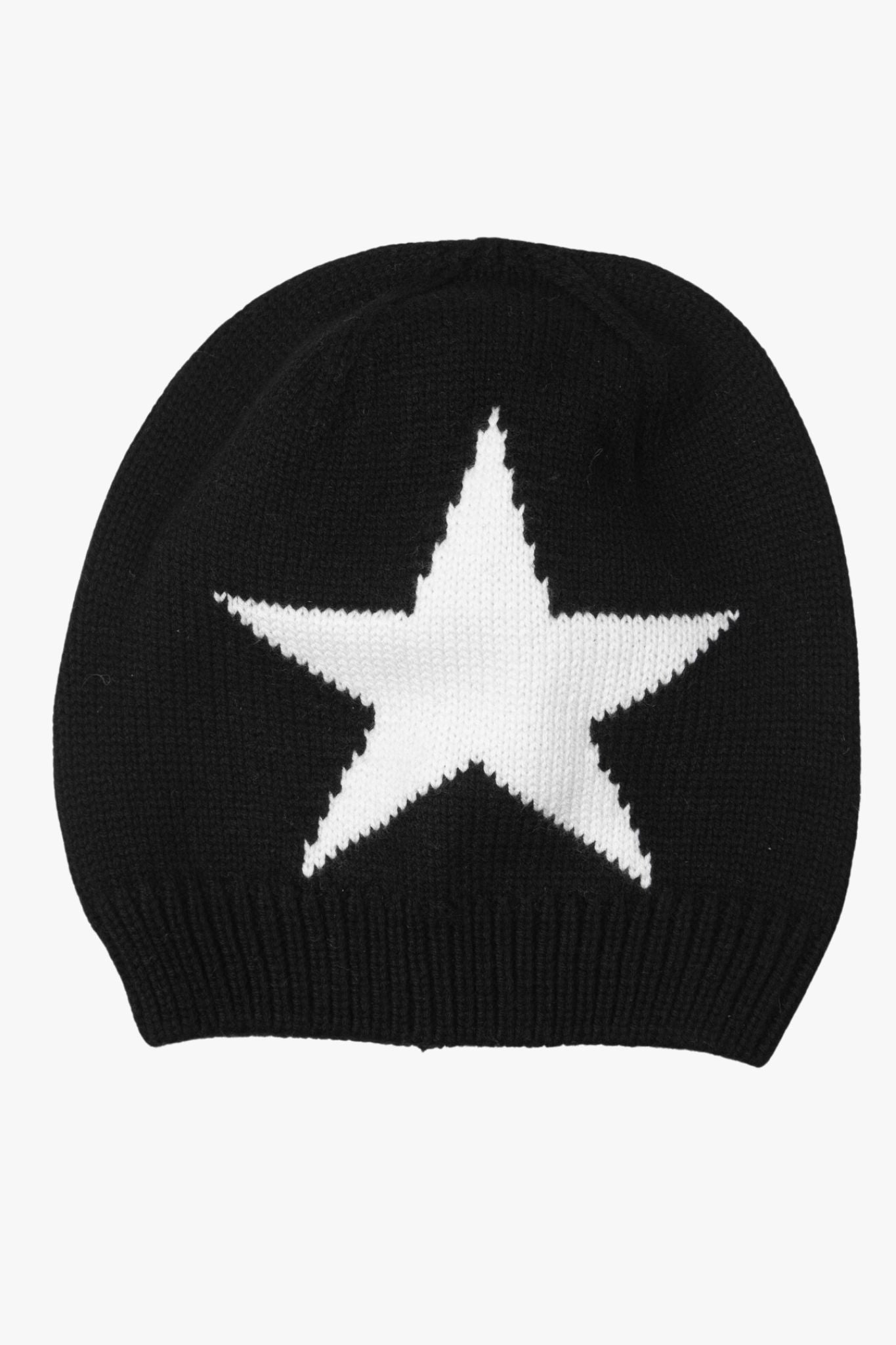 black knitted beanie hat with a large white star on the front
