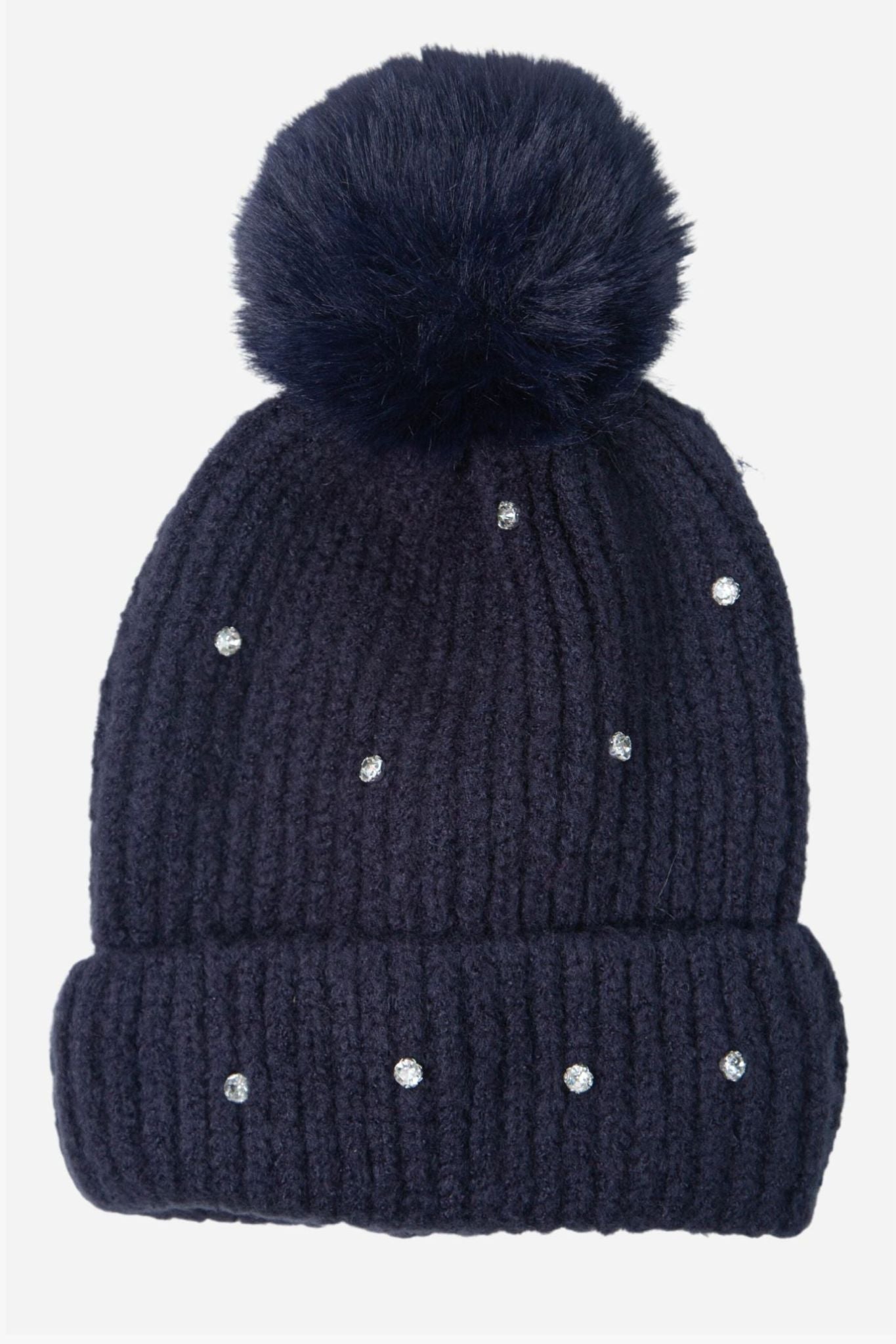 knitted navy blue bobble hat with a pom pom and all over diamante sparkles