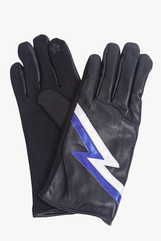 black faux leather gloves with a blue and white lightning bolt pattern and metallic shimmer
