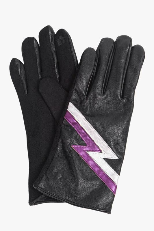 black faux leather gloves with a metallic shimmer and a pink and white lighting bolt detail 