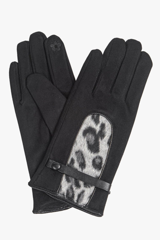 black winter gloves with a grey animal print panel on the back of the glove