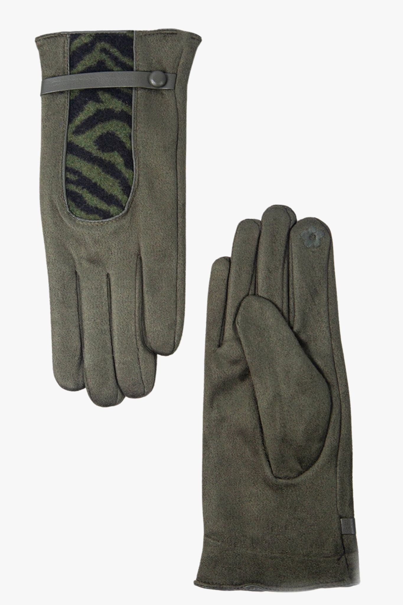 khaki green animal print winter gloves with a touch screen responive index finger