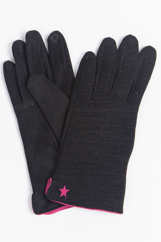 black winter touch screen gloves with an embroirderd fuchsia pink star on the wrist