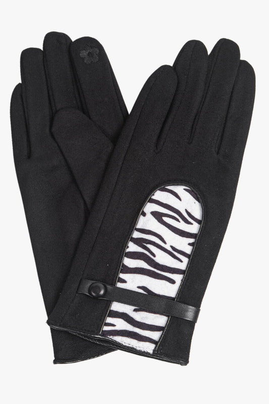 black velvet style winter touch screen gloves with a black and white zebra print panel on the back of the gloves